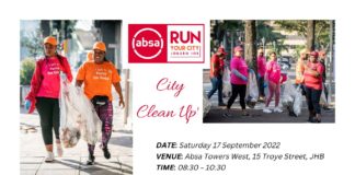 Join the Joburg ‘City Clean Up’ on ‘World Clean Up Day’ in the prelude to the Absa RUN YOUR CITY JOBURG 10K Join the Joburg ‘City Clean Up’ on ‘World Clean Up Day’ in the prelude to the Absa RUN YOUR CITY JOBURG 10K