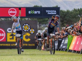 Fabian Rabensteiner and Wout Alleman win stage 1 of the 2023 Absa Cape Epic Mountain Bike stage race from Hermanus High School to Hermanus High School, Hermanus, South Africa on the 20th March 2023. Photo by Nick Muzik/Cape Epic