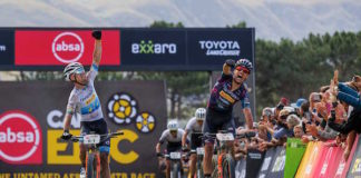 Fabian Rabensteiner and Wout Alleman win stage 1 of the 2023 Absa Cape Epic Mountain Bike stage race from Hermanus High School to Hermanus High School, Hermanus, South Africa on the 20th March 2023. Photo by Nick Muzik/Cape Epic