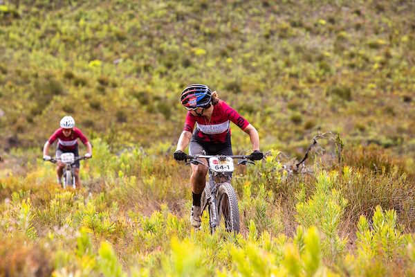 Kim Le Court and Vera Looser during stage 3 of the 2023 Absa Cape Epic Mountain Bike stage race from Hermanus High School in Hermanus to Oak Valley Estate in Elgin, South Africa on the 22 nd March 2023.