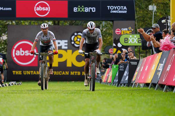 Matt Beers and Christopher Blevins win stage 4 of the 2023 Absa Cape Epic Mountain Bike stage race from Oak Valley Wine Estate to Oak Valley Wine Estate, Elgin, South Africa on the 23th March 2023. Photo by Nick Muzik/Cape Epic