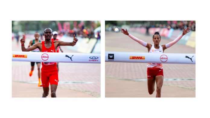 Seboko and Yehualaw celebrate a resounding win at the Absa RUN YOUR CITY DURBAN 10K