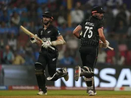 MUMBAI, INDIA - NOVEMBER 15: Kane Williamson (L) and Daryl Mitchell (R) of New Zealand during the ICC Men's Cricket World Cup 2023 semi final match between India and New Zealand at Wankhede Stadium on November 15, 2023 in Mumbai, India. (Photo by Isuru Sameera/Gallo Images)