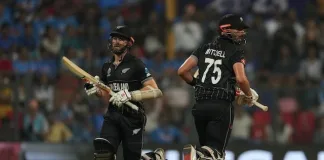 MUMBAI, INDIA - NOVEMBER 15: Kane Williamson (L) and Daryl Mitchell (R) of New Zealand during the ICC Men's Cricket World Cup 2023 semi final match between India and New Zealand at Wankhede Stadium on November 15, 2023 in Mumbai, India. (Photo by Isuru Sameera/Gallo Images)