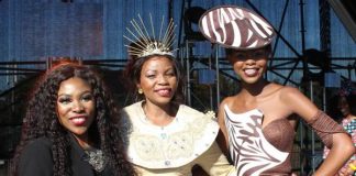 Makhosazane Ntshangase (left) congratulated by Sindi Shangase (BSTMU) together with model wearing the winning creation who is also the 2018 DFF New Face winner Nandile Mkhize.