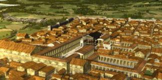 CGI rendering of the vast ancient city of Pompeii, Italy including the forum and housing