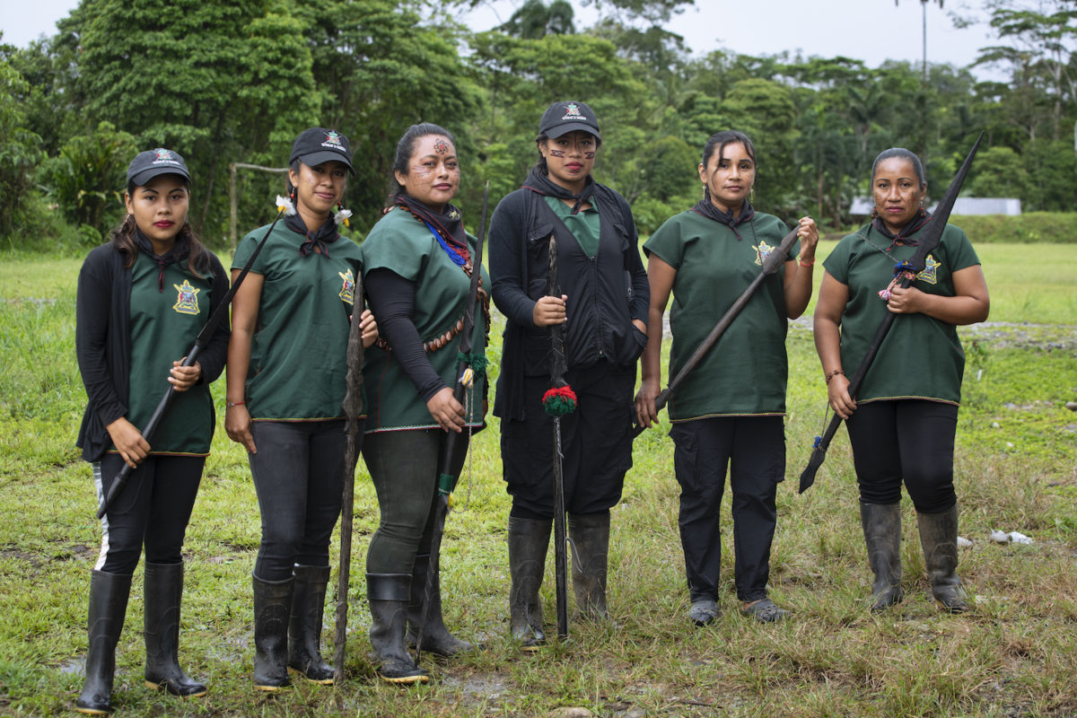 Women from the Sinangoe Indigenous Guard. Alexandra Narváez, third from left, led the creation of the Indigenous Guard in 2017, and was the only woman in the group at the time.