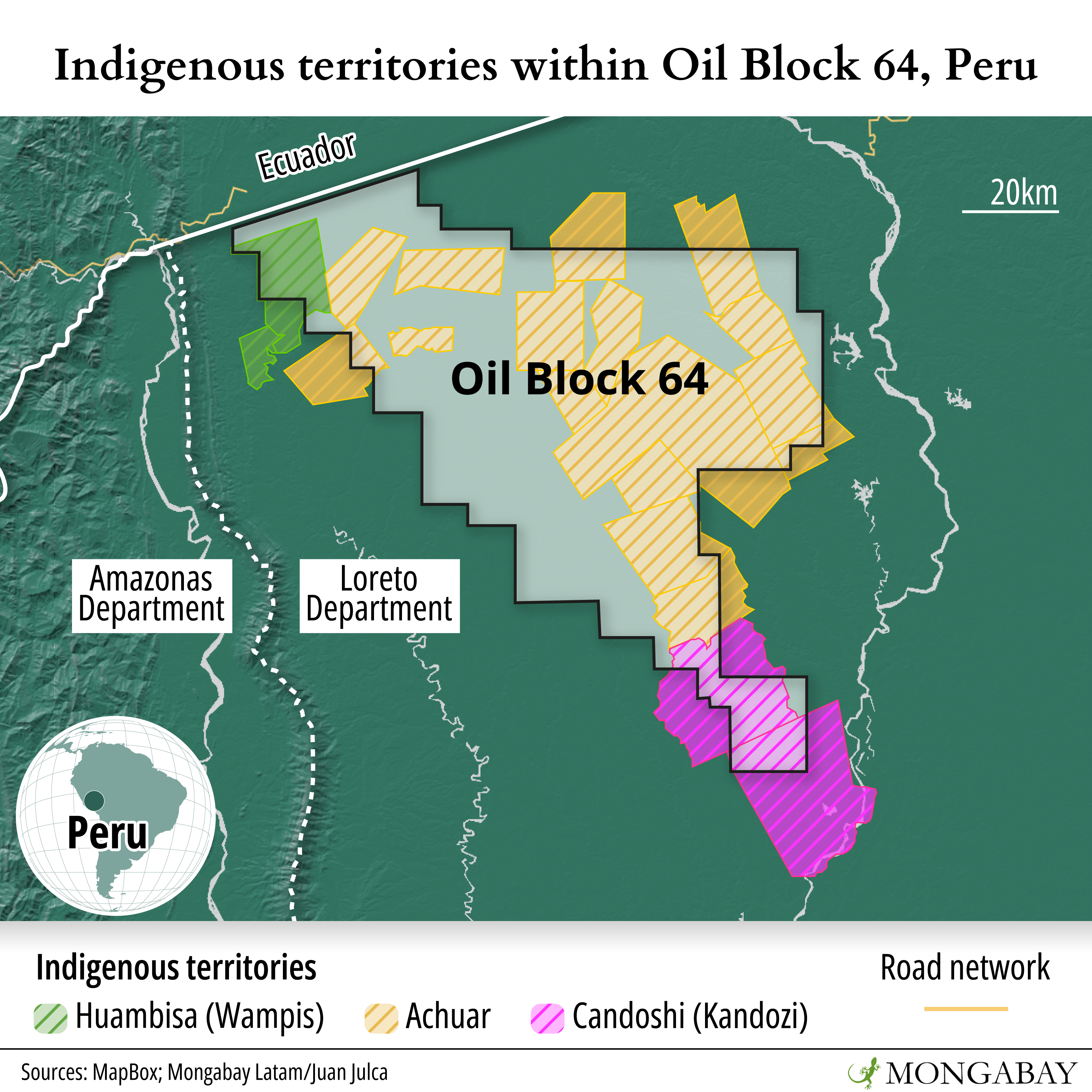 Overlapping of Indigenous territories with Block 64 in Peru. Image: Mongabay Latam/Juan Julca.