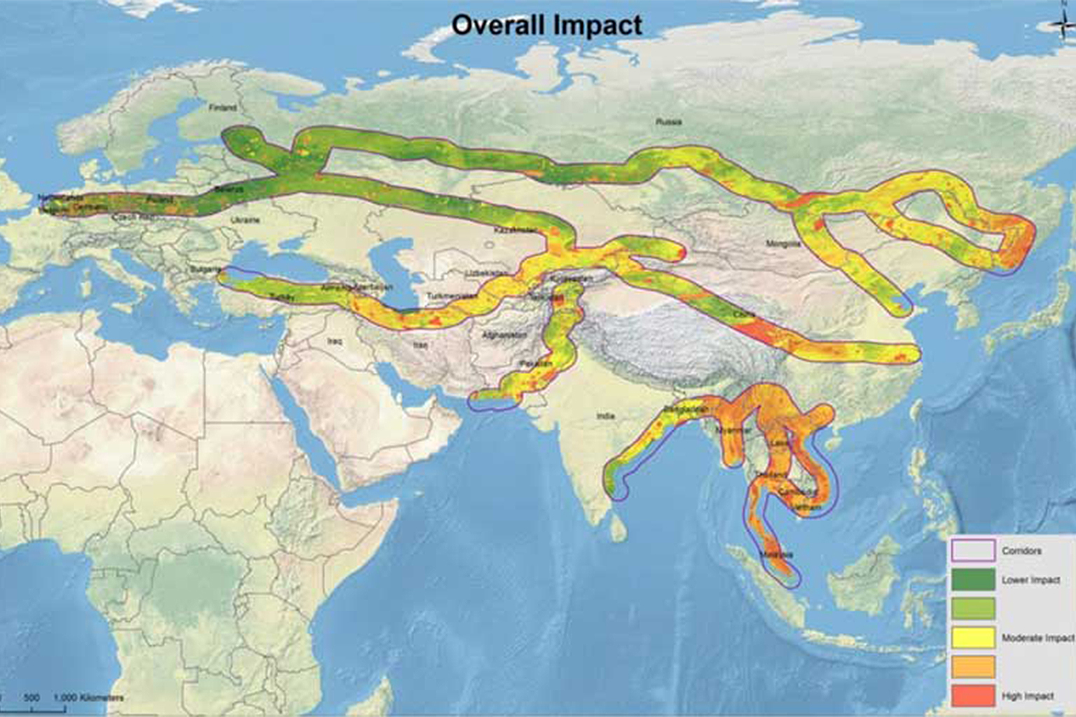 This map provides an overview of the land areas slated for infrastructure development, and likely to be at highest environmental risk, as a result of China’s Belt and Road corridors.