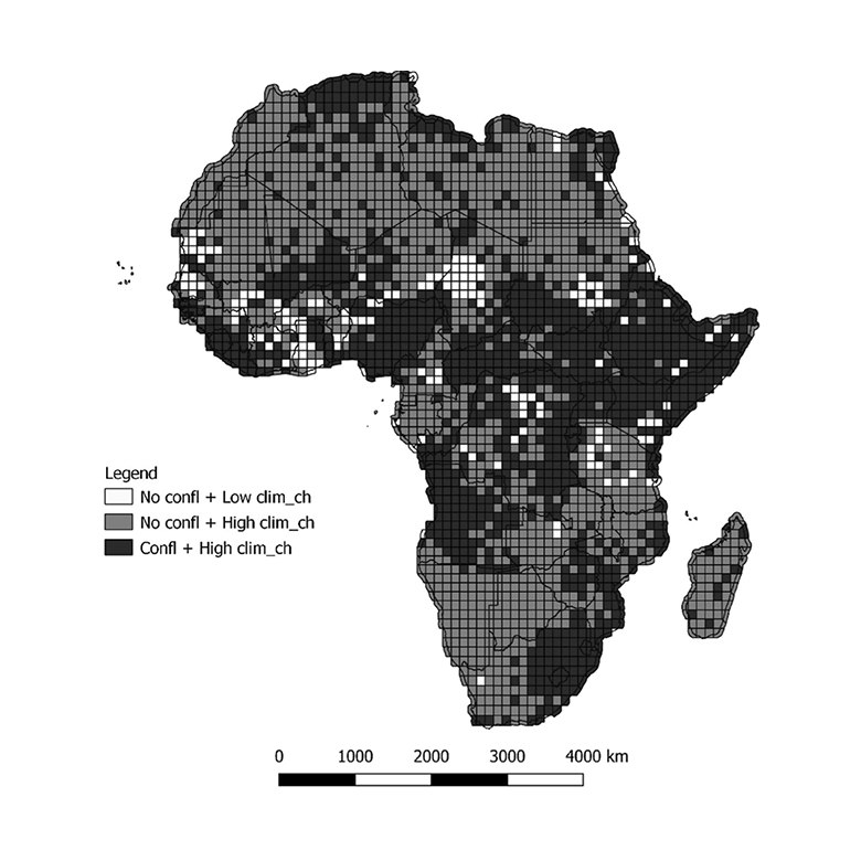 Map of Africa shows the overlap in regions facing conflict and climate change. 