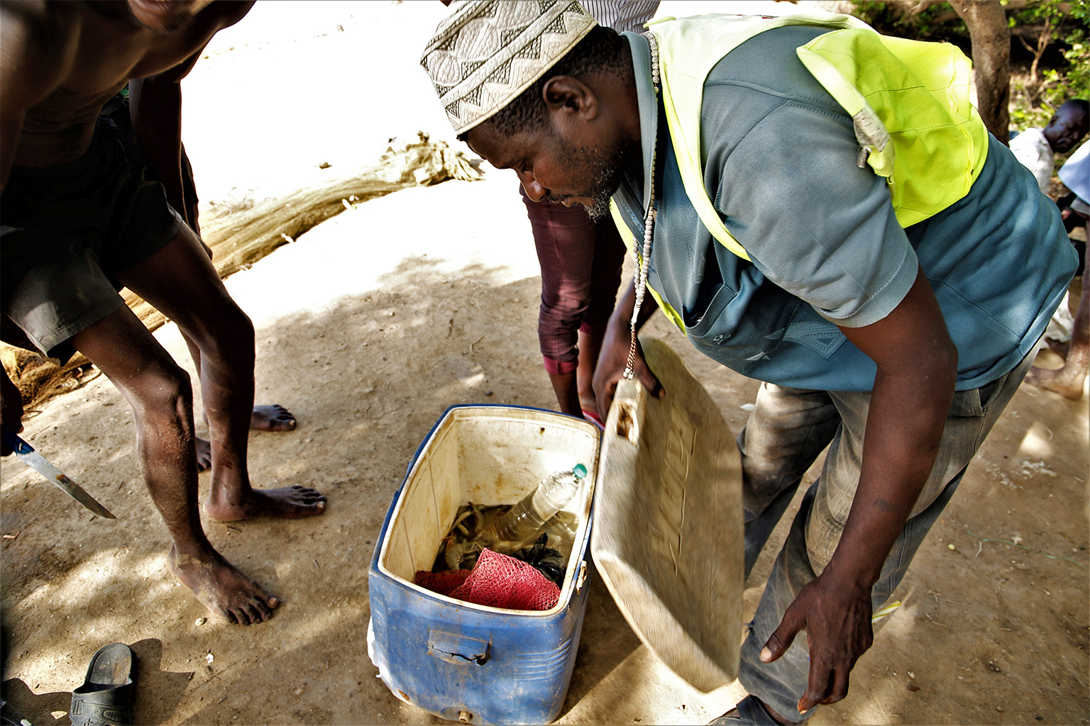 Hafidh Wanje, a fish trader and beach management official in the village of Gongoni, shows the fish he bought from fishermen.