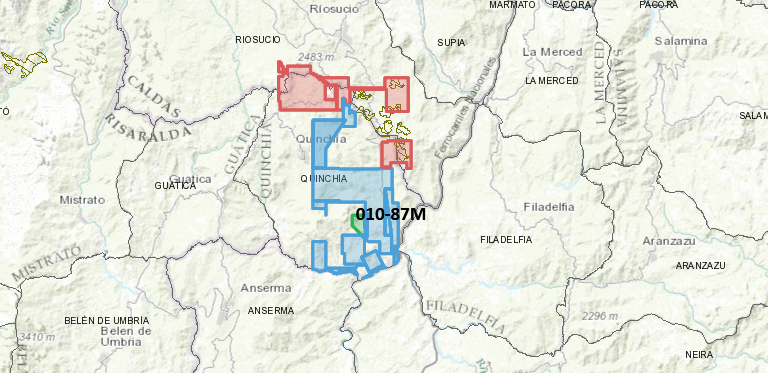 Mining concessions belonging to the Miraflores company. In red: pending requests. In blue and green: active concessions. / Image generated from the National Mining Agency of Colombia’s mapping tool.