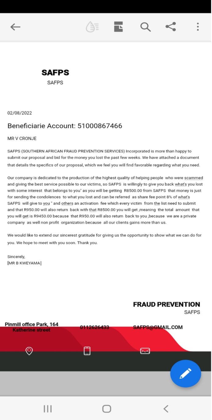 SAFPS warns against advance fee scam SAFPS warns against advance fee scam