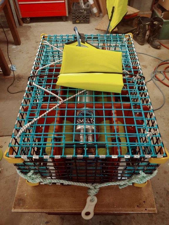 A ropeless fishing trap that uses a float triggered by remote control instead of a vertical buoy line for retrieval. Image by Richard Riels/SMELTS.org.