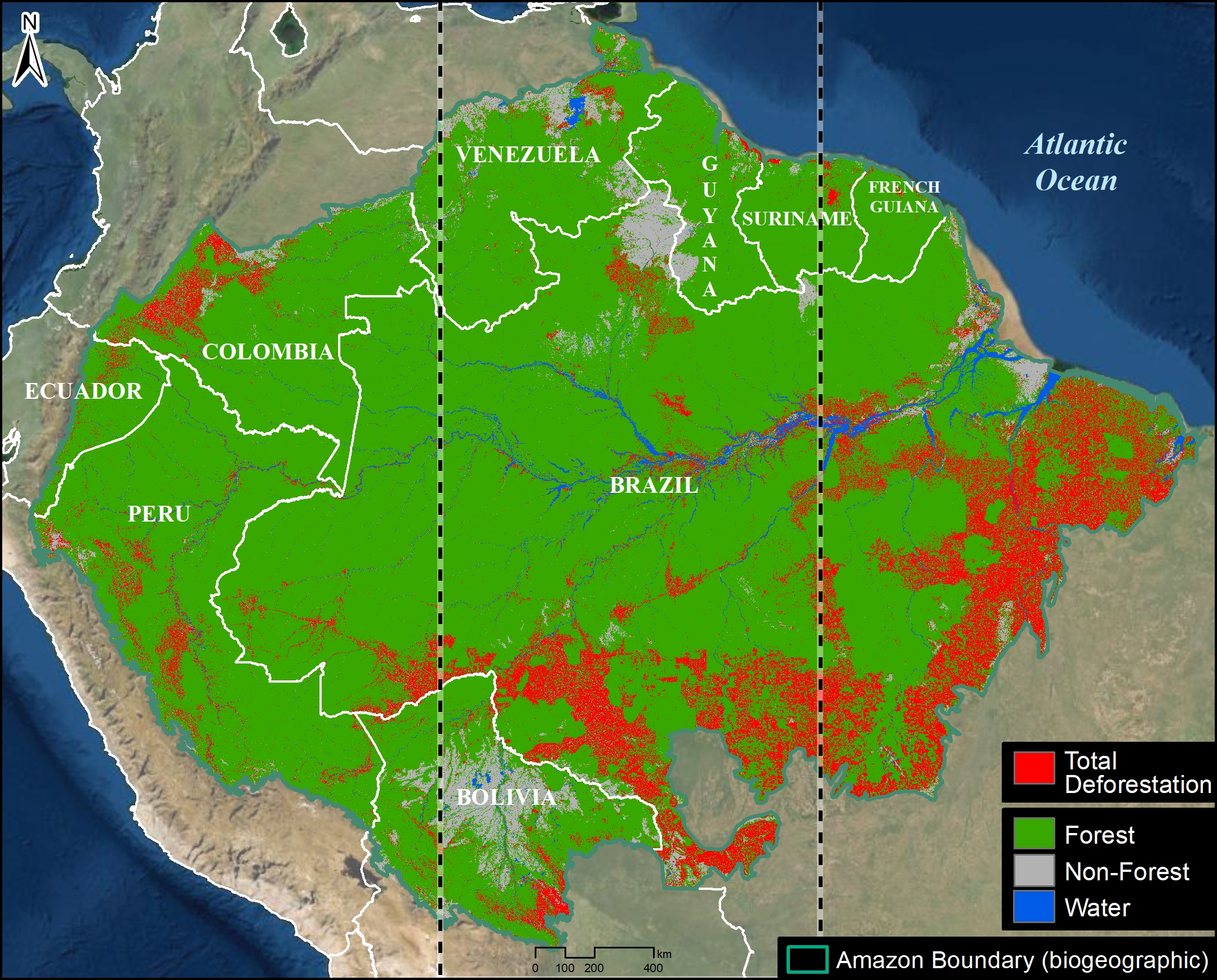 Total Amazon forest loss. Vertical lines indicate the Amazon split into thirds; 31% of the eastern Amazon has been lost to deforestation and other causes. Data from Amazon Conservation Association and MAAP.