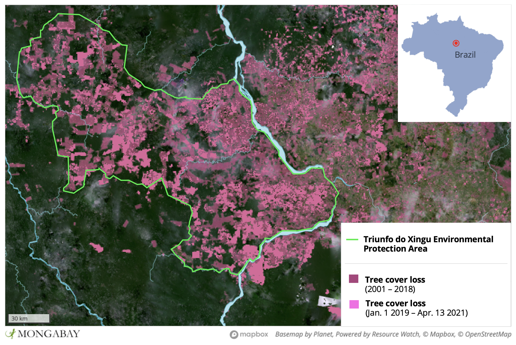 Satellite data from the University of Maryland show much of Triunfo do Xingu has been cleared since 2001.