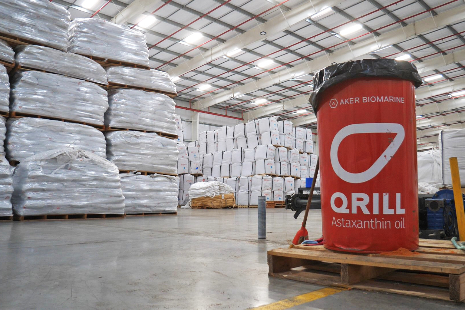 A warehouse with bags of krill meal.