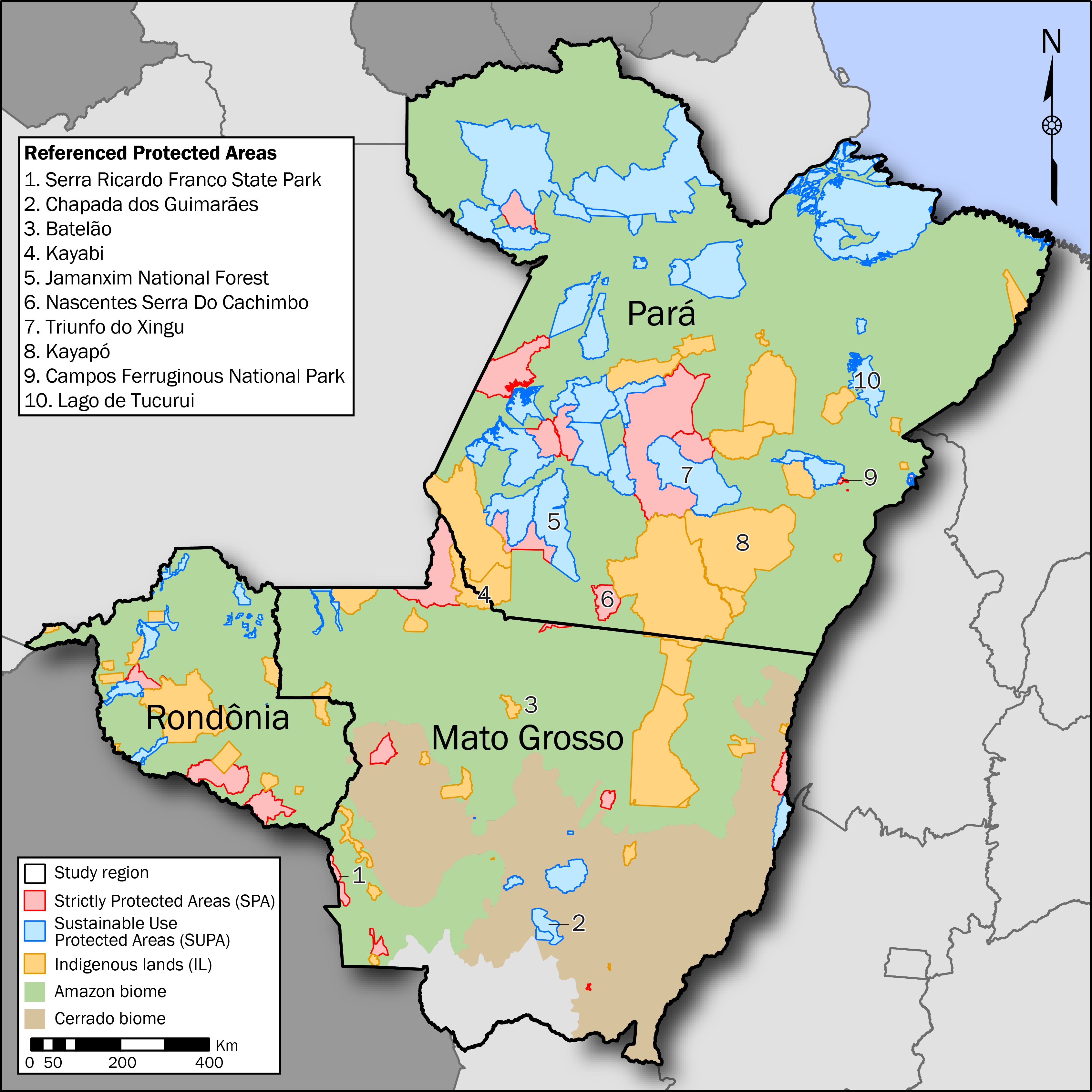 Protected areas from Mato Grosso, Pará, and Rondônia states with private properties linked to cattle transit records from the Brazilian Ministry of Agriculture, Food, and Livestock's Guide to Animal Transport (GTA) database between 2013 to 2018. Figure from West et al 2022.