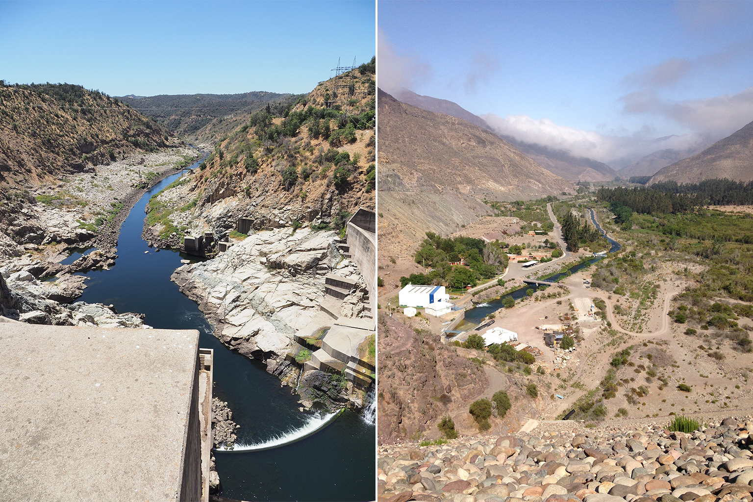 Reduced flow of water at two different dams in Chile.