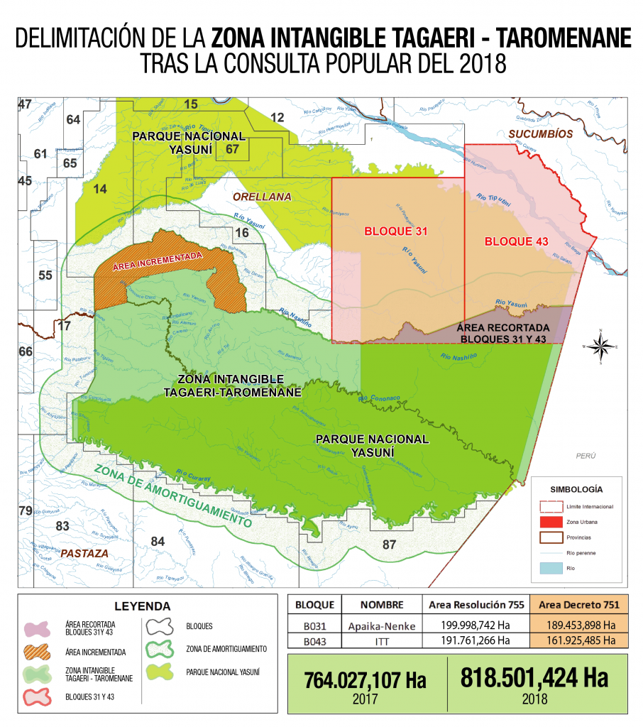 Delimitation of the Tagaeri and Taromenane intangible zone, ZITT, (in and the oil blocks that overlap with the territory and its buffer zones. Image by the ministry of energy and natural resources.