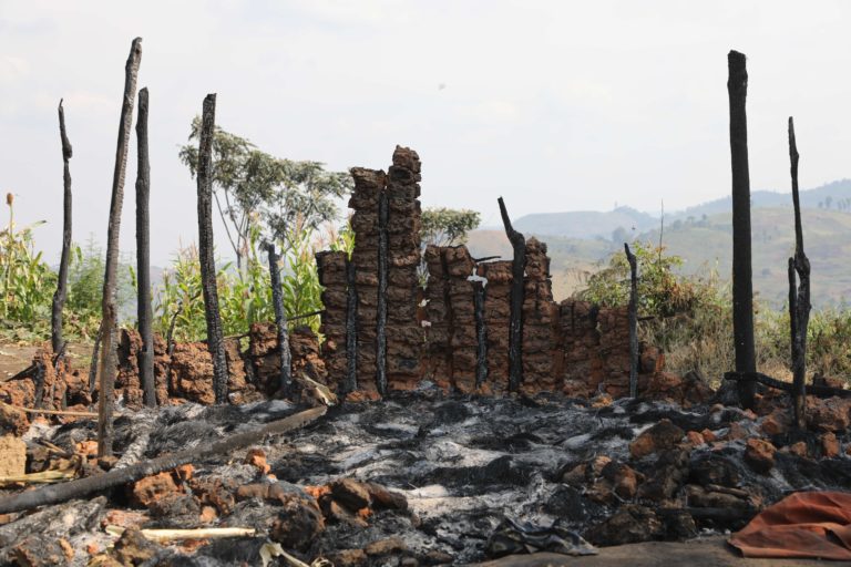 One of many homes burnt and destroyed in a major attack targeting Batwa villages in July 2021.