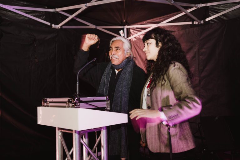 Pablo Sibas Sibas delivering a testimony at the HRD Memorial Vigil in Dublin, during the Front Line Defenders Dublin Platform 2022. Image by Alex Zorodov