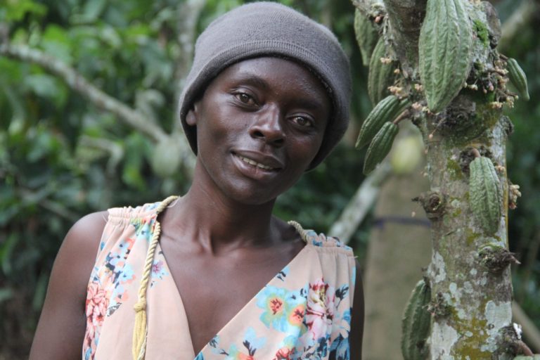 Masika Mukonzo, cocoa farmer with IDAD, from the small village of Kiniambaore. Image courtesy of IDAD.