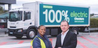 Truck driver Robin Jooste receives the keys to the Shoprite Group’s first electric truck from CEO Pieter Engelbrecht.