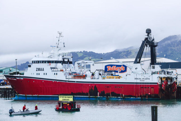 Greenpeace activists blocking a Talley’s trawling vessel.