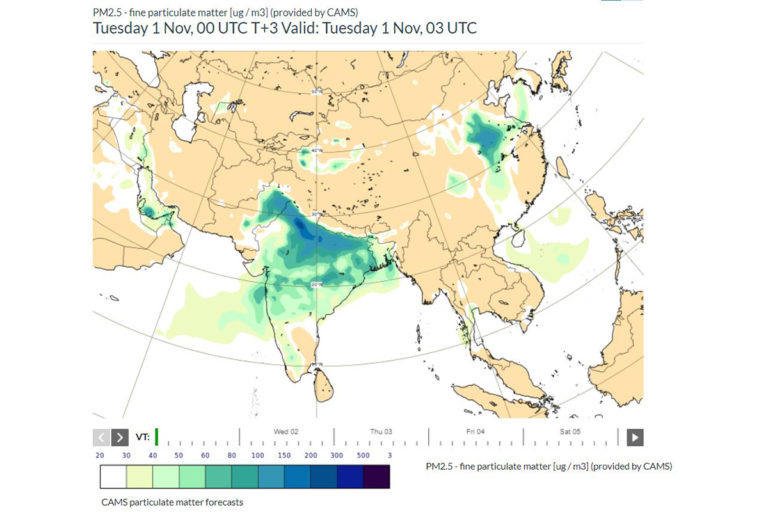 Map of particulate matter forecasts in southern Asia..