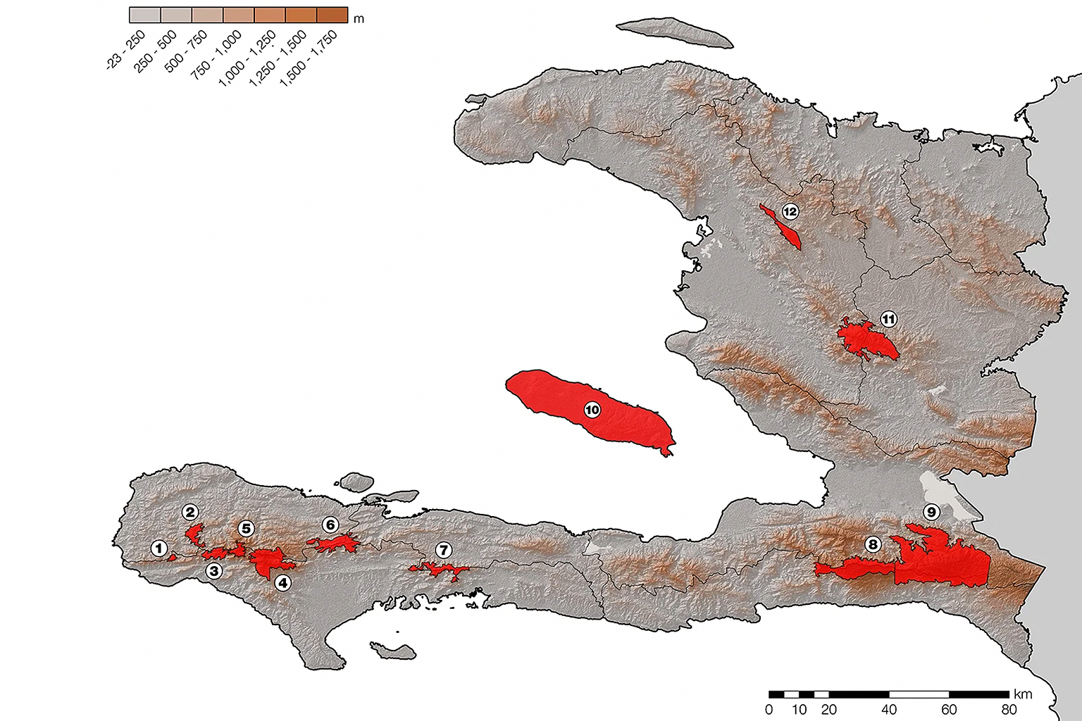 A map of Haiti biodiversity hotspots. 
