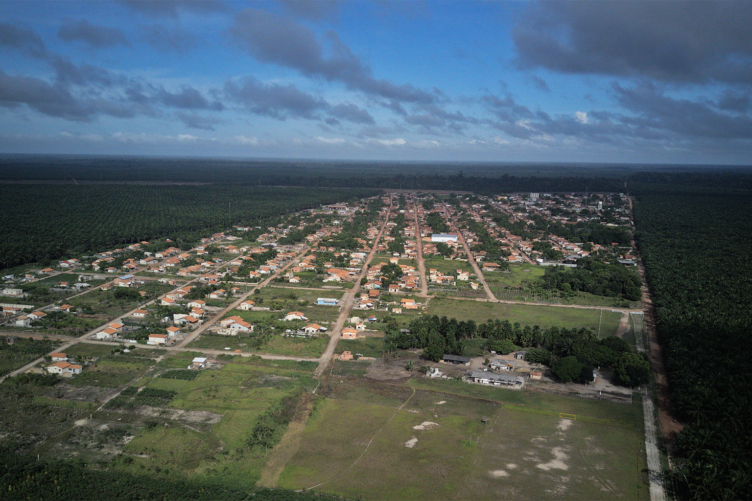 Aerial view of Palmares Village surrounded by Agropalma's palm plantations.