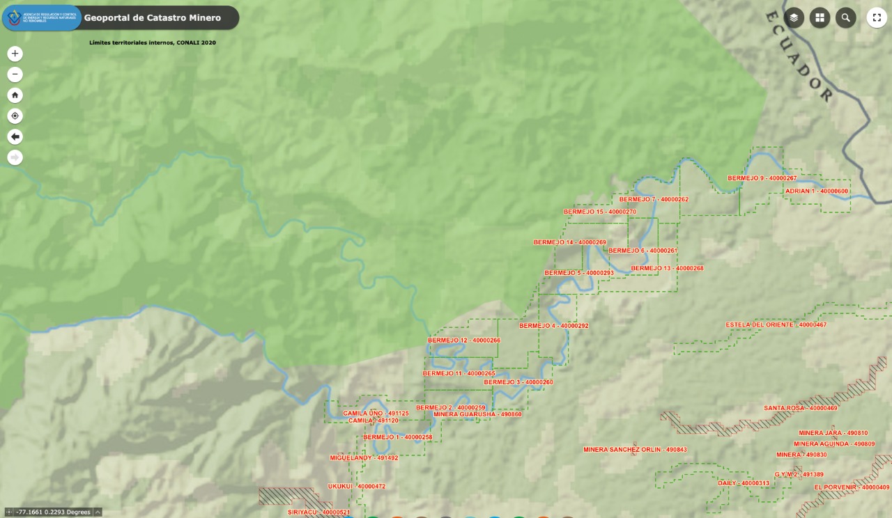Concessions pending along the Bermejo River, infringing the border of the Cofán Bermejo Ecological Reserve. Image via the Ecuadorian Mining Registry geoportal.