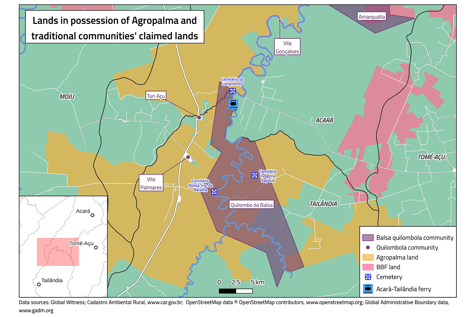 This map shows the lands in possession of Agropalma and traditional communities' claimed lands. 