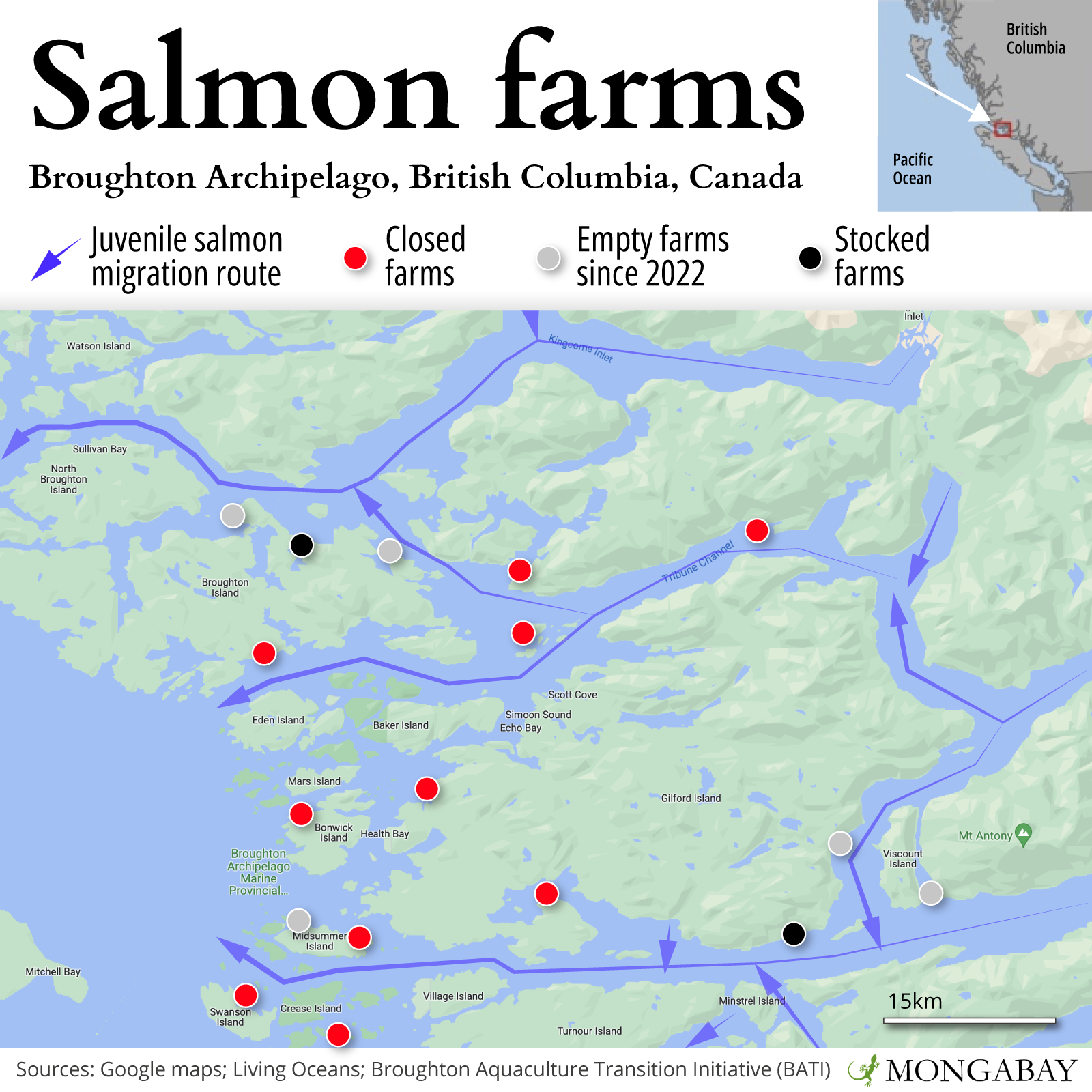 Map of salmon farms that are closed, open or under deliberation at the Broughton Archipelago, British Colombia, Canada.