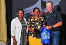 Esther Mahlangu and Betty Shoba, both Circuit Managers at the Department of Basic Education, with Theo Morkel, General Manager of Transalloys.