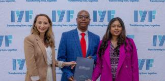 From left to right - Ms. Rebecca Tron Head of Economic Growth Southern Africa British High Commission Pretoria' Mr Vele Head Curriculum portfolio for TVET colleges DHET and Ms. Anusha Naicker Country Director IYF