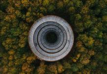 The Forest Tower in Rønnede, Denmark is seen in an aerial view. (National Geographic for Disney/Mathias Nordby)