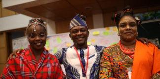 Left to right. Karen Otieno, Nsikak Ben and Emem Umoh–representatives from GLFx chapters in Kenya and Nigeria–dressed in their traditional attires during the cultural celebration at the GLFx Africa Chapter Summit. Photo: The Global Landscapes Forum.