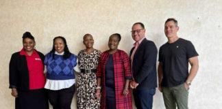L-R - Bertha Magoge ACFS, Kabelo Mosate Dambuza, Jabu Mthembu Dlamini DMF, Executive Mayor Gladys Khoza, Adrian Grimmet RCL FOODS and Warren Farrer DMF