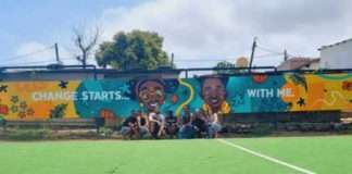 Pictured at the graffiti mural are (L-R) Ernest Mngomeni, Mandy Pearson, Shaun Oakley, George Zanga, Thulisile Mngadi, Sinamandla Mgcisane and Natalie Naude.