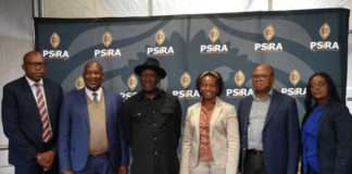 Minister of Police General, Bheki Cele and Deputy Minister, Cassel Mathale meet with newly appointed PSiRA council members. Chairperson, Dr Leah Shibambo (middle) Deputy Chairperson,Ms Nothando Sabela (far right) Director/CEO Adv. Wiseman Chamane (far left)