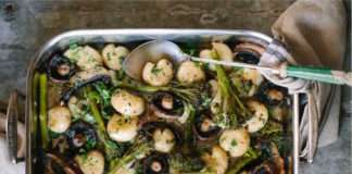 Mushroom, broccolini & cracked baby potato tray bake with garlic butter Mushroom, broccolini & cracked baby potato tray bake with garlic butter