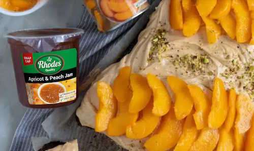 Cardamom Sheet Cake with Caramel Peaches