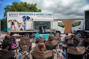 TEARS Chairman, Ian Reid addresses guests attending the ‘unveiling’ of the TEARS Education and Treatment Mobile Units thanks to the Dov, Edie, and Cicely Blumberg Legacy Project
