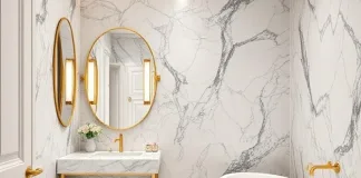 Five Fancy Bathroom Decoration Ideas Marble-Gold-Accented-bathroom