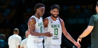 Al Ahli’s Caleb Agada #10 and Mohamed Abdourahman #13 celebrate the fourth win
