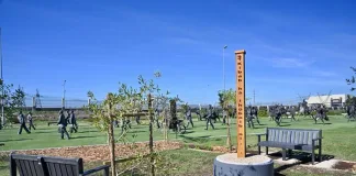 The Rotary District 9350 Peace Garden is located within the Long March to Freedom exhibition of the procession of 101 bronze statues at Century City.