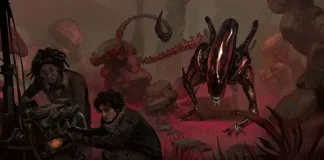 The Xenomorph (Alien) about to pounce on Claudette Morel and Jake Park while they repair a generator in Dead by Daylight.