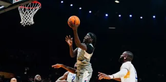 APR’s Nuni Omot (South Sudan) drives to the basket against Petro de Luanda at SunBet Arena in Pretoria, South Africa on Saturday, June 7, 2025